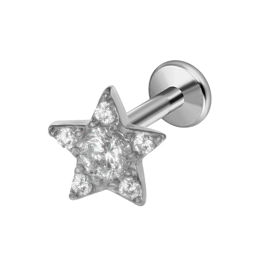 Moon Flat Back Earrings Star Labret Piercing Tragus Heart Internal Thread Cartilage Helix 100% 316L Stainless steel Body Jewelry Badiee Stylez