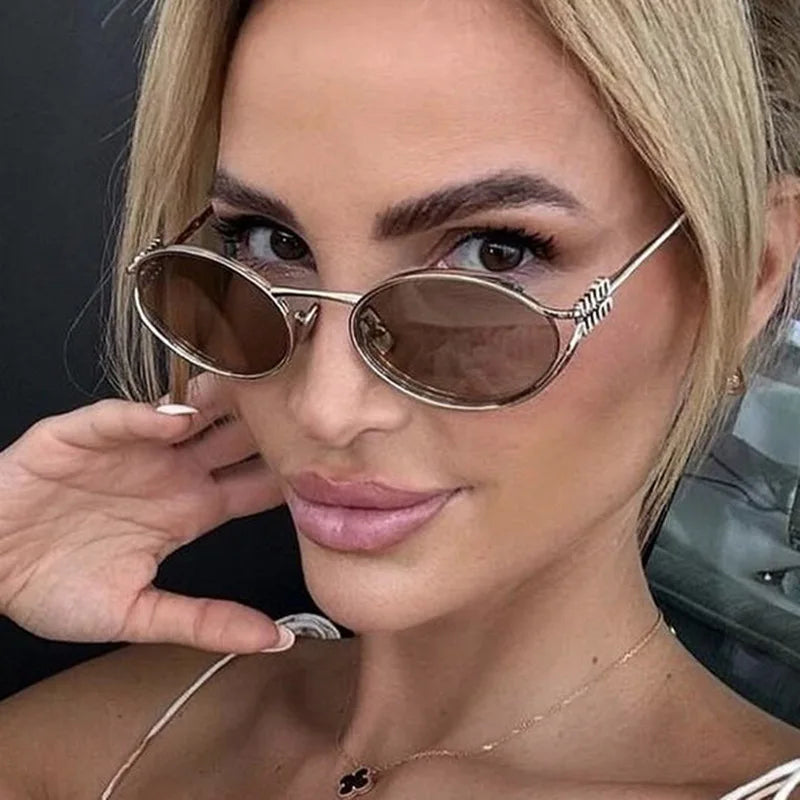 Retro Oval Metal Small Frame Sunglasses Men And Women Hollow Design Brand Sunglasses High-End Luxury Versatile Sunglasses UV400