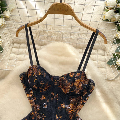 SINGREINY France Retro Straps Corset Bodysuits Lace Print Patchwork Rompers Female Senior Sexy Summer Slim Night Club Playsuits