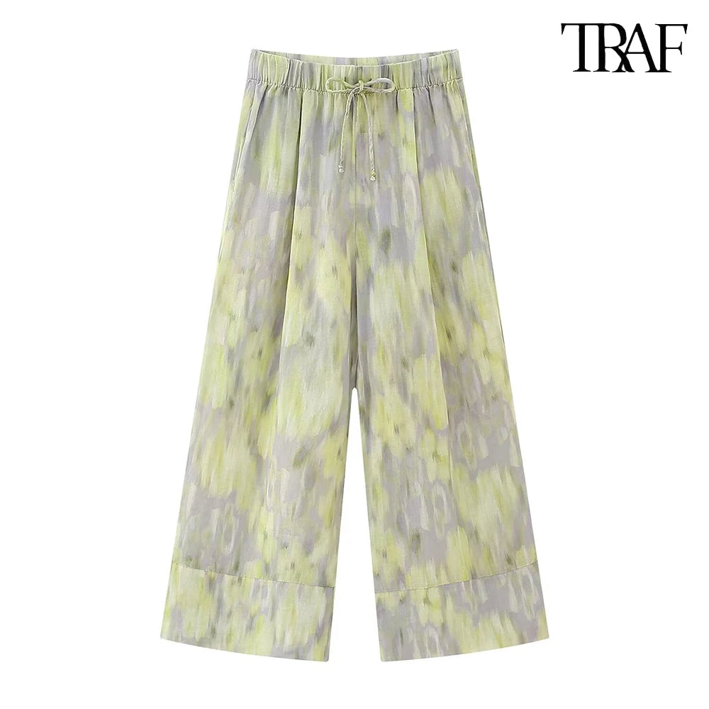 TRAF Women's single-breasted V-neck long-sleeved shirt Drawstring high-waisted wide-legged trousers Retro Printed Cotton Set