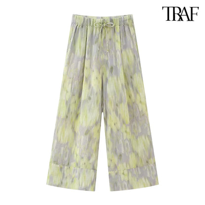 TRAF Women's single-breasted V-neck long-sleeved shirt Drawstring high-waisted wide-legged trousers Retro Printed Cotton Set