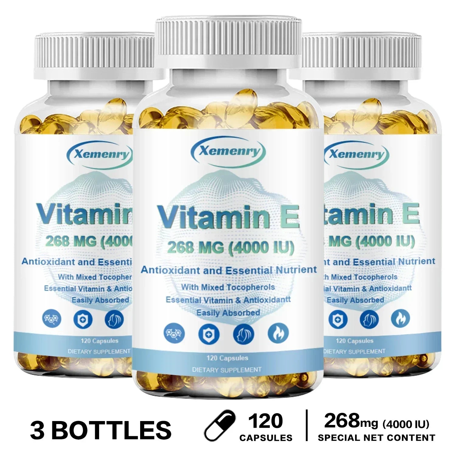 Vitamin E Capsules- Brightens Skin, Tightens Skin, Reduce Wrinkles, Anti-aging, Antioxidant 120 Capsule-3bottles