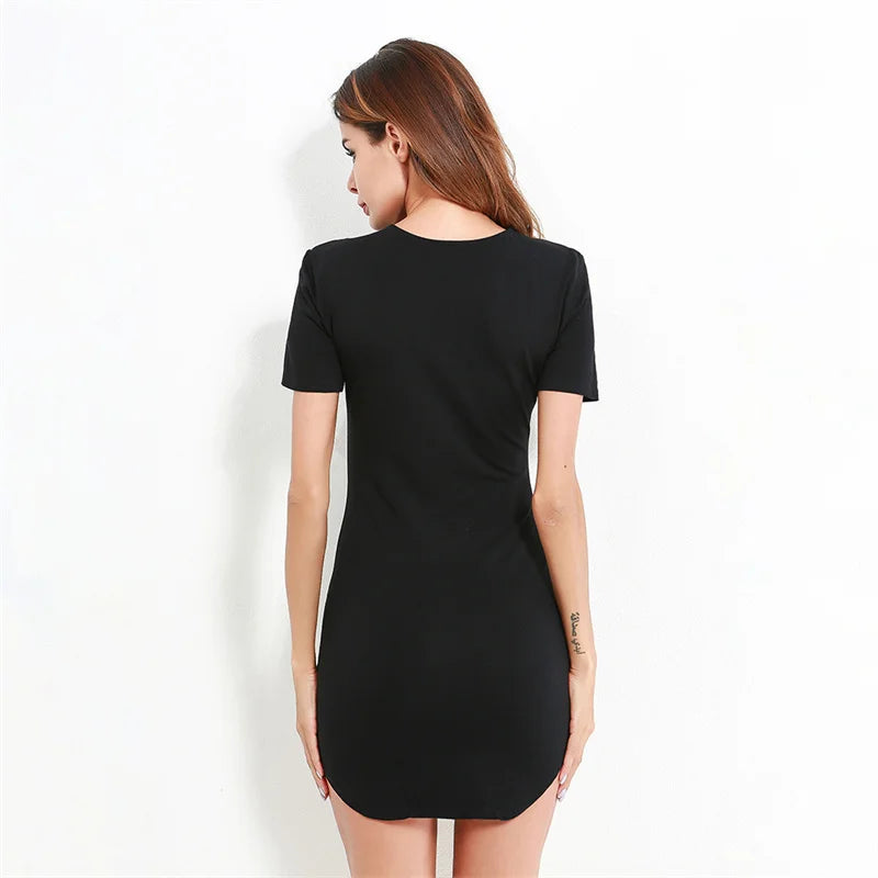 Summer Women Short Sleeve Dresses Ladies Solid Color O-Neck Bodycon Stretch Slim Mini Dress Vestidos QT035