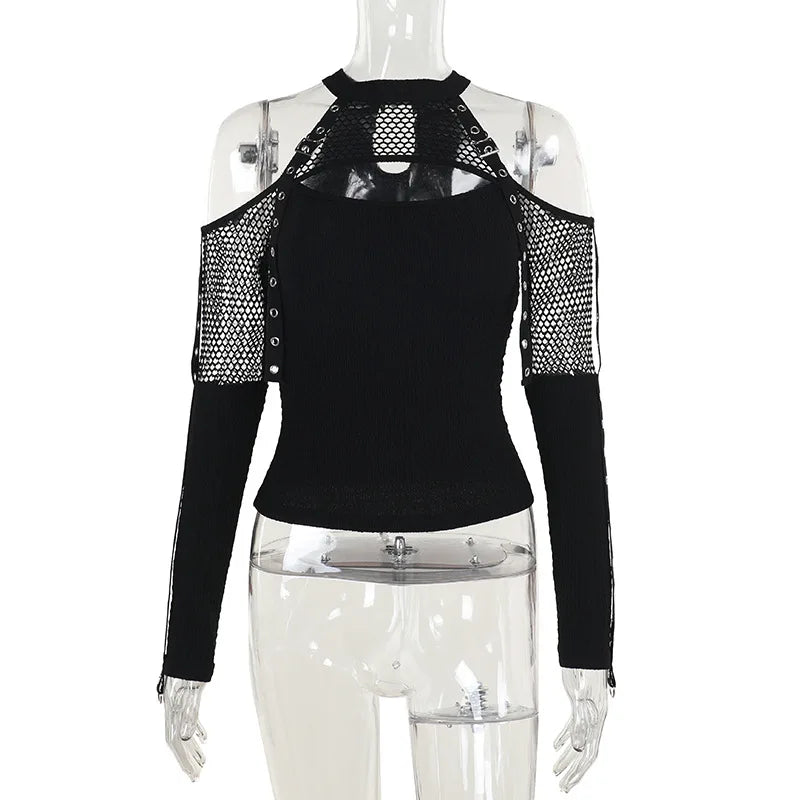 Goth Dark Punk Grunge Fishnet Patchwork Off Shoulder T-shirts Trim Corn Strap Halter Tops Autumn Mall Gothic Streetwear T-shirt