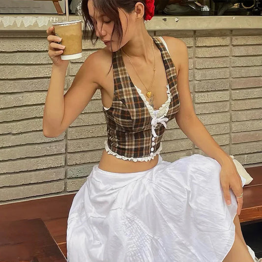 Candyhot Plaid Vintage Lace French Style Halter Crop Tops Retro Backless Sleeveless V-neck Slim Tops Casual Streetwear Camisole