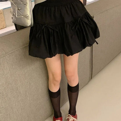 Sweet Bowknot A Line Skirts for Women 2025 Korean Style Pleated Cake Short Skirts Woman Summer Solid Color High Waist Mini Skirt