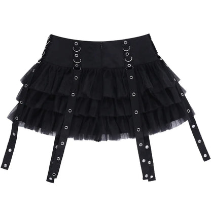 Y2K Street Dark Devil Cloth Strip Pleated Skirt Metallic Buckling Lace Layer Cake Short Skirt Women‘s High-end Design Sex Skirt