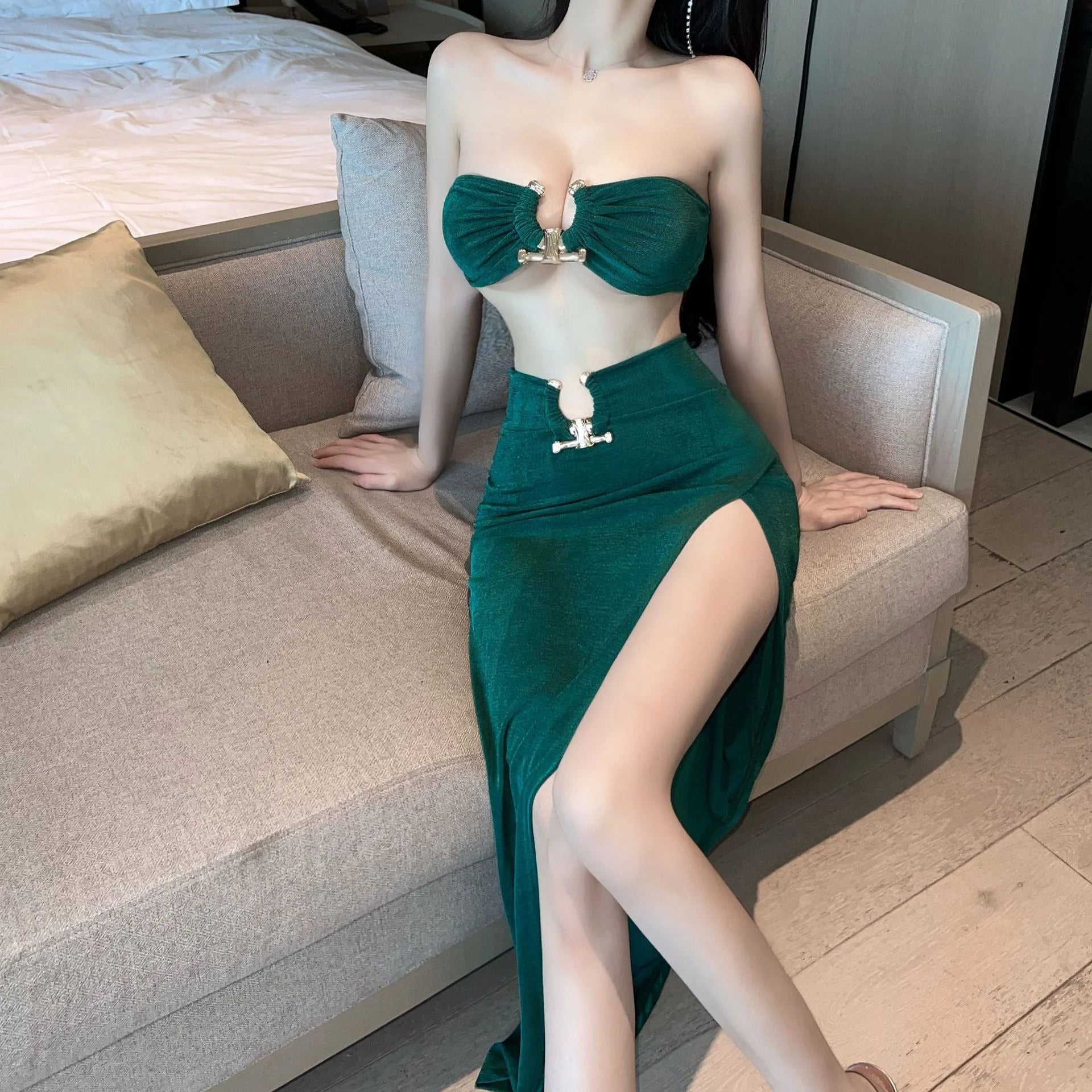Summer New Women's Vintage Temperament Dark Green High Split Long Dress Wrapped Chest Sexy Fashion Elegant Hollow Set 8879