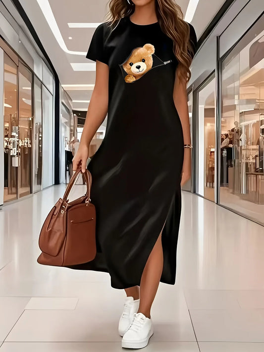 women's summer casual graphic print Loose and comfortable long dress long T-shirt dress women's summer clashing dresses Beige
