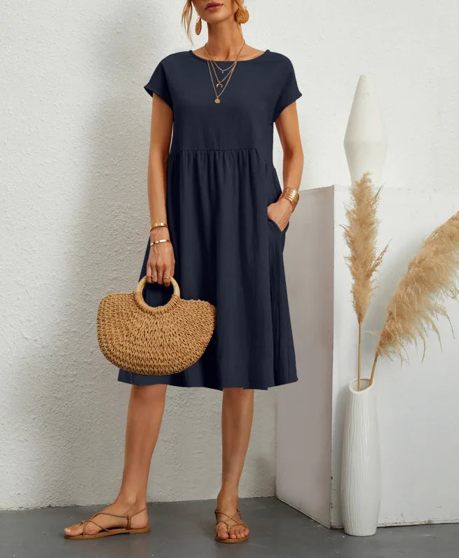 Cotton Linen Dress For Women Summer Casual Splicing Pocket Dresses Vestido Fashion Female Clothing Short Sleeve Loose Midi Dress