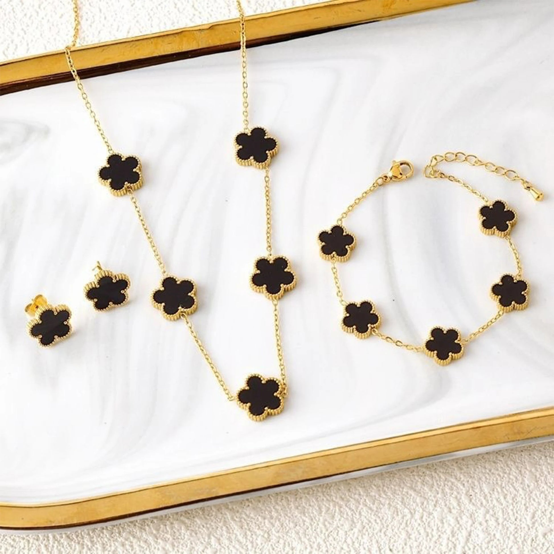3Pcs Stainless Steel Hot Selling Gold Plated Clover Necklace Earrings Bracelet Jewelry Set Five Leaf Flower Jewelry For Women Jewelry Set 1