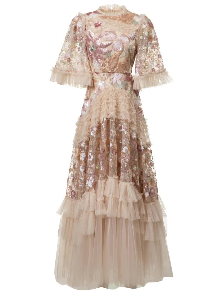 IEQJ Fashion Pink Embroidered Sequins Dress Women's Round Neck Ruffles Half Sleeves Ankle-length Dresses New 3A132 Badiee Stylez