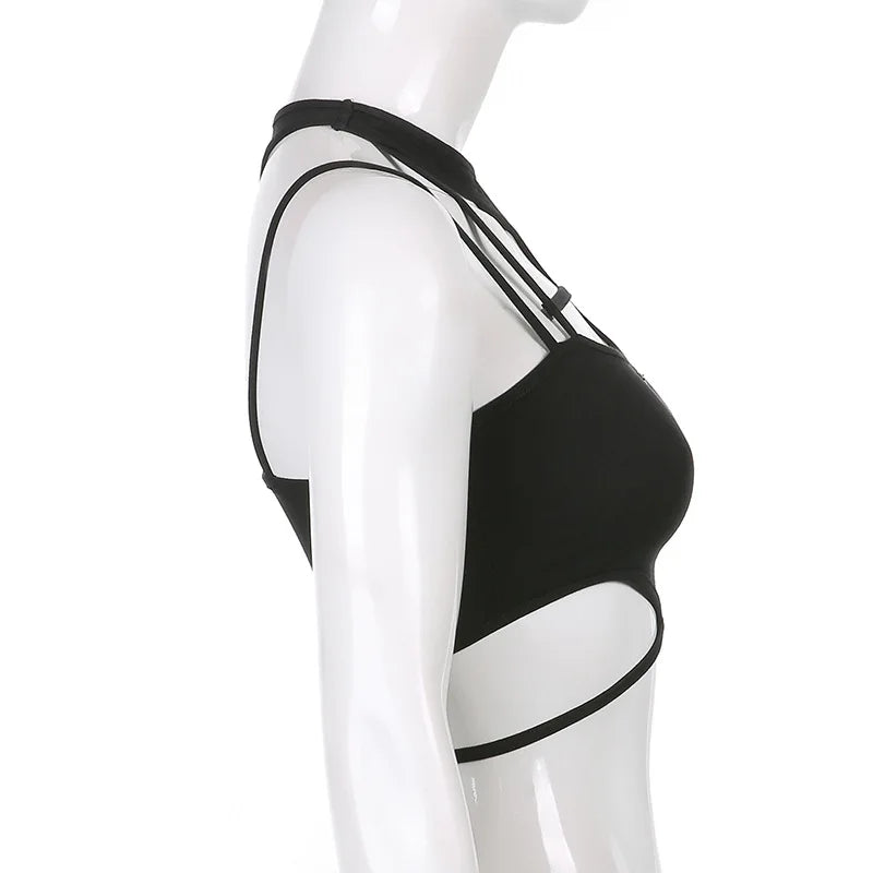 Women Hollow Out Black Y2K Tees Sleeveless Skinny Tops Cool Punk T-shirts Techwear 2023 Spring Summer New Sexy Crop Top
