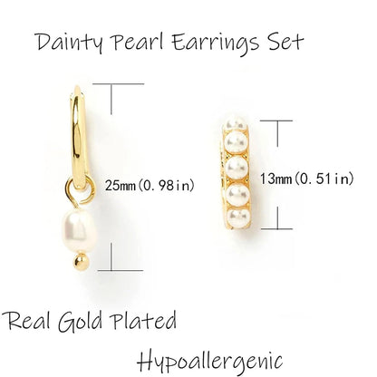 2 Pair/Set Fashion Stainless Steel Imitation Pearls Dangle Hoop Earrings for Women Dainty 18k Gold Plated Hoops Vintage Jewelry