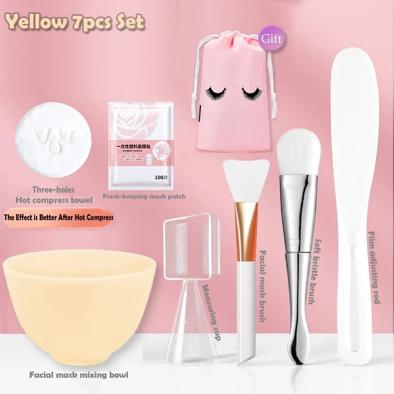 Silicone Face Mask Mixing Bowl Set Mixing Stick Spa Tool Beauty Salon Bowl Spoon Mask Mud Film Brush Silicone Facial Skincare Yellow-7pcs