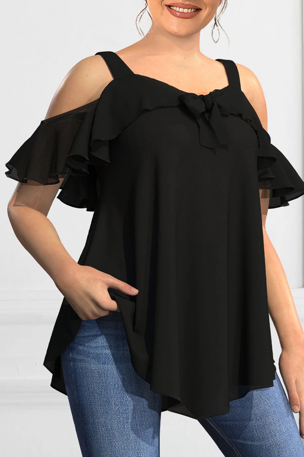 Women's Summer Solid Color Ruffles Short Sleeve Casual T-shirt Fashion V-neck Off The Shoulder Sling T-shirt Plus Size 2024 black