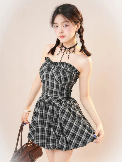 Y2K Plaid Mini Dress Women Vintage Backless Patchwork Slim Dress Summer Sexy Bodycon Strapless Aesthetic Lady Vestidos Badiee Stylez