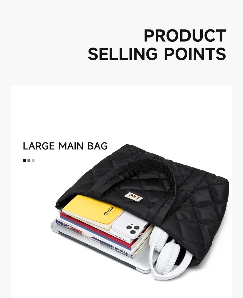 LEE Large Soft Puffer Bag Women Big Size College Students Laptop Book Quilted Tote Bag Lady Down-filled Shopping School Bags