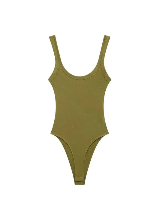 TRZA-Skinny Ribbed Bodysuits for Women, O Neck, Straps, Snap-Button, Female Playsuits, Sexy Fashion