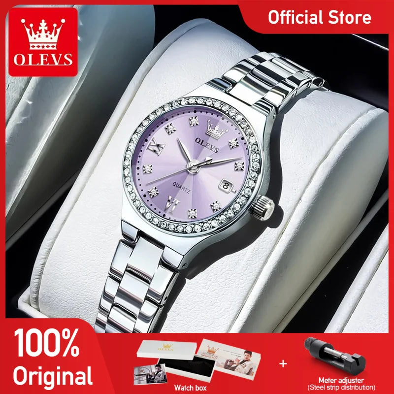 OLEVS 5628 Women Watch Luxury Elegant Quartz Watch Stainless Steel Waterproof Luminous Diamond Bezel Ladies Watch Bracelet Set