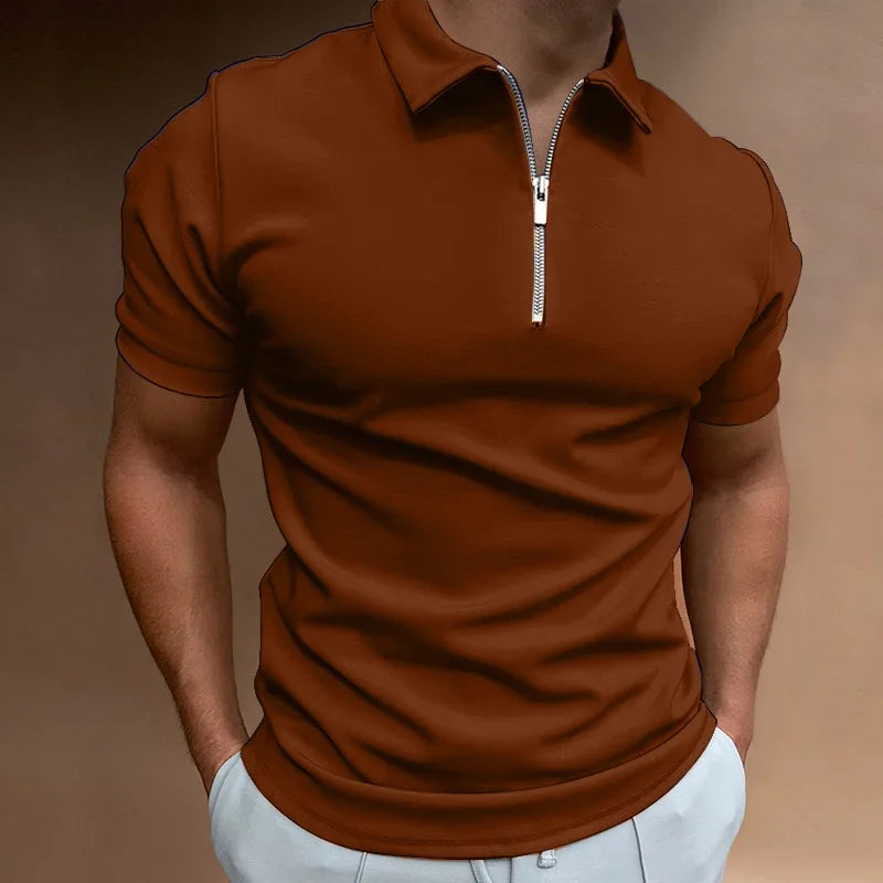 Summer Vibes Men's Polo Shirt - Solid Color, Short Sleeve, Zippered Turn-Down Collar for Effortless Casual Style