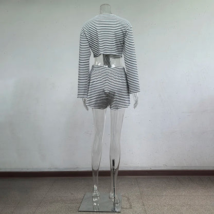 Hiloc Casual Knit Stripe Shorts Pajamas Sets Long Sleeve Home Wear Lace Up Top And Elastic Waist Shorts Sleepwear Knitted Outfit