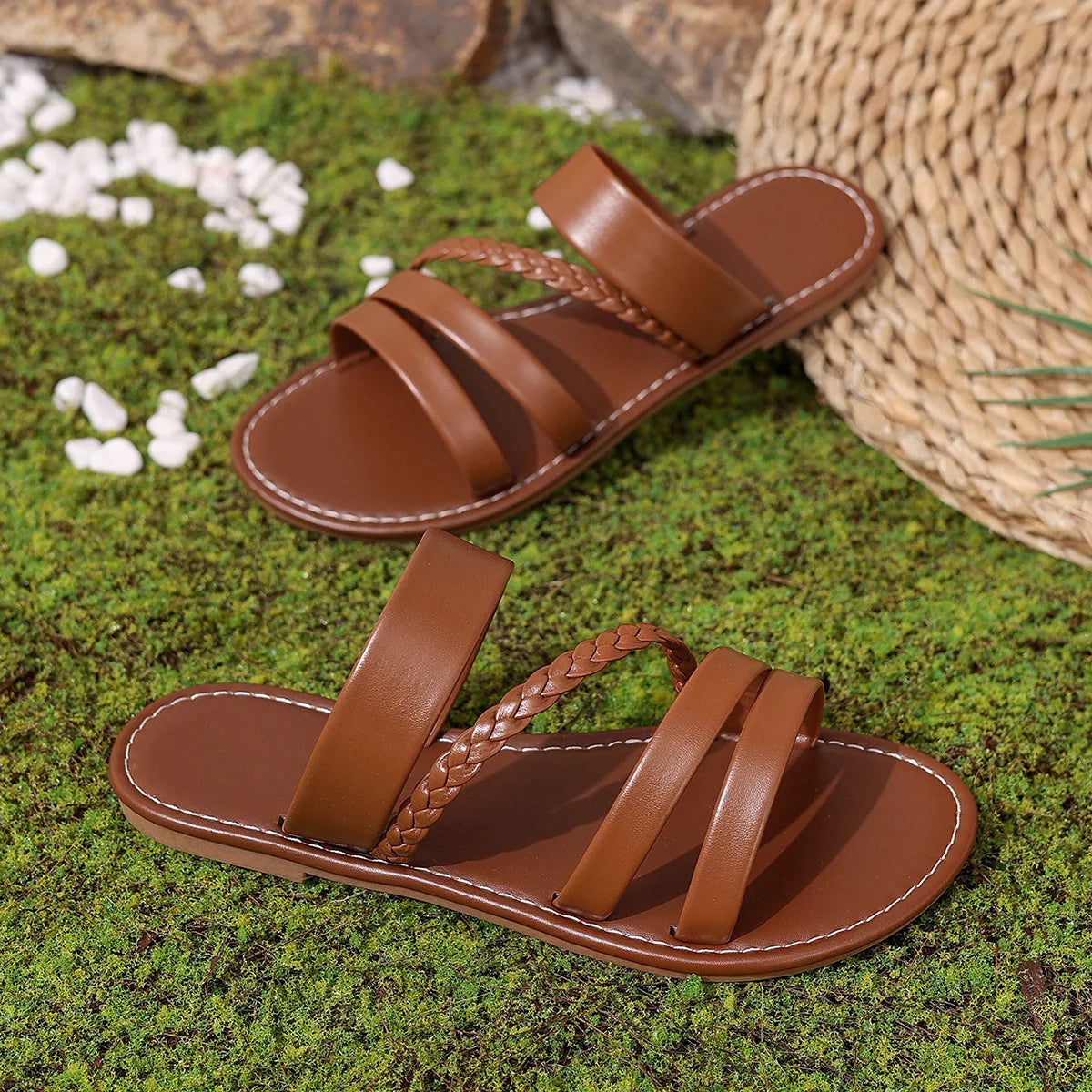 Women Sandals Summer Solid Colour Simple Ankle Strap Round Breathable Flat Bottom Roman Shoes Comfortable Women Beach Sandals