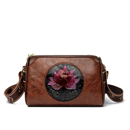 Three Layers Women Handbag Soft Leather Shoulder Crossbody Bags for Women Flower Print Ladies Messenger Bag with WIde Strap Dark Brown
