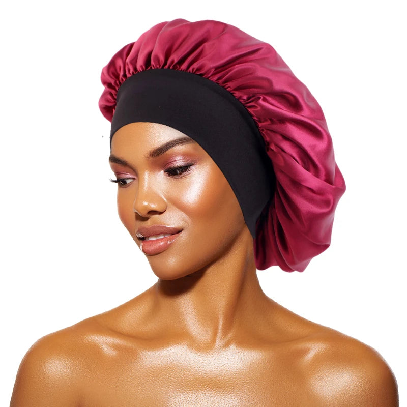 Women's Satin Solid Bonnets Wide-brimmed Night Sleeping Bathing Hat Unisex Head Wrap Elastic Band Cap Hair Care Bonnet wine red One Size