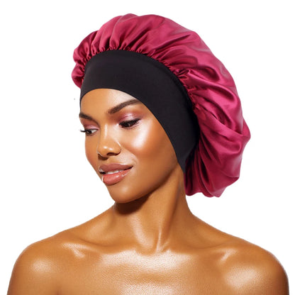 Women's Satin Solid Bonnets Wide-brimmed Night Sleeping Bathing Hat Unisex Head Wrap Elastic Band Cap Hair Care Bonnet wine red One Size