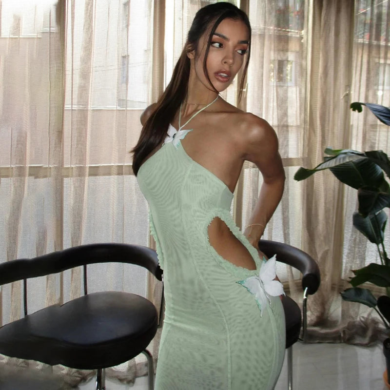 WhereMery Sexy Off Shoulder Butterfly Appliques Halter Maxi Dress 2025 Summer Women Trend See Through Hollow Out Beach Vestidos