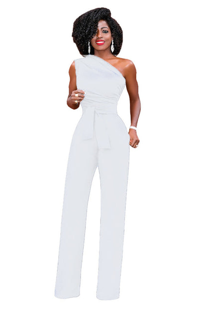 Sexy One Shoulder Rompers Womens Jumpsuit Summer Sleeveless Belt Wide Leg Elegant Lady New Size Bodycon Jumpsuits White Black Badiee Stylez