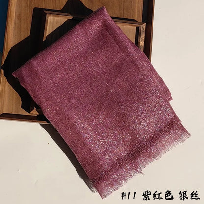 Lastest Brand Design Scarf Shiny Solid Color Shawls Rayon Fabric Gold Silk Silver Wire Head Shawl Fringe Hijab For Women 11