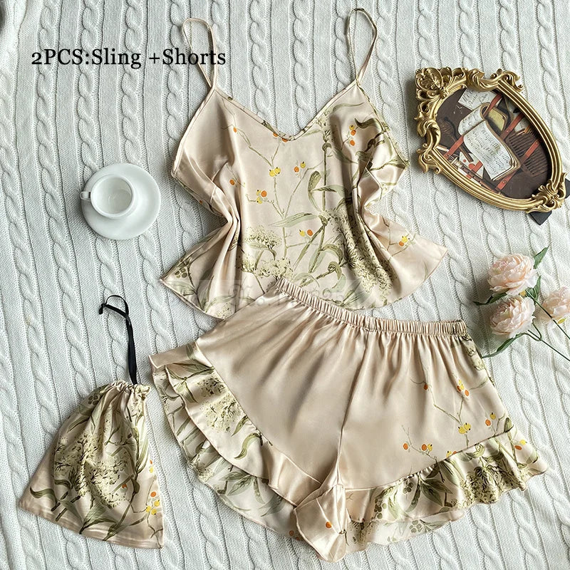 Four Pieces Pajamas Set Printed Little Cherry Sleepwear Women Satin Nightgown With Suspender Sling&Shorts Summer Home Clothes Champagne Cherry D