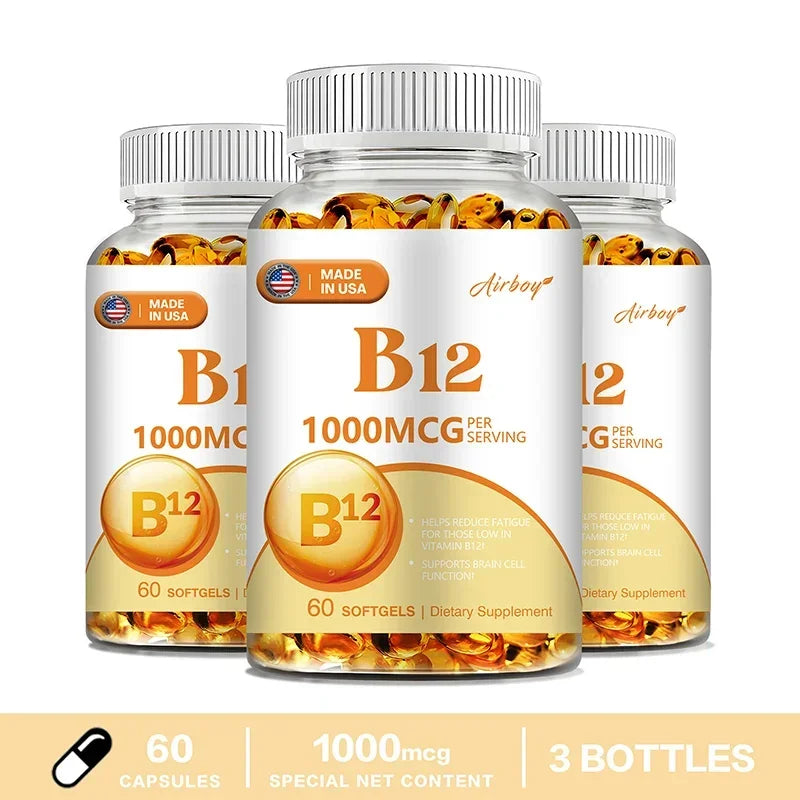 Vitamin B12 - for Mood, Brain, Nervous System, Energy, Metabolism, Relieve Fatigue, Heart Health 60 Capsule-3bottles