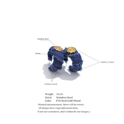 Yhpup Creative Blue Denim Flower C Shape Hoop Earrings Women Stainless Steel Popular Jewelry Autumn & Winter New 2025 Wholesale
