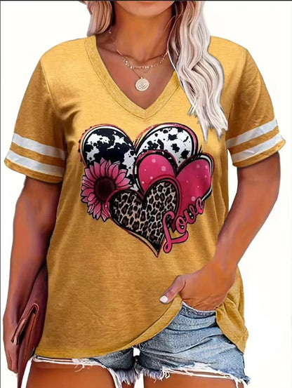 2024 Plus Size Spring/Summer New Love Print Casual Fashion Women's V-Neck Short-Sleeved Loose T-Shirt 5XL 6XL Yellow