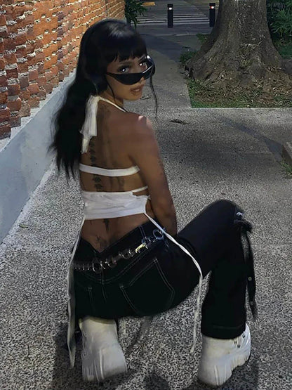 Y2K Sexy Backless Summer Crop Top Women Hollow Out White Sleeveless Bandage Halter Tank Tops Streetwear Cami 90s