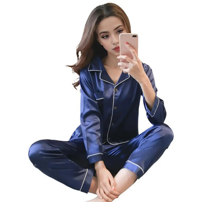 Women Two-piece Pajama Set Classic Design Sleepwear Elegant Women's Silk Pyjama Set with Long Sleeve Button Top Elastic for Home Royal Blue China