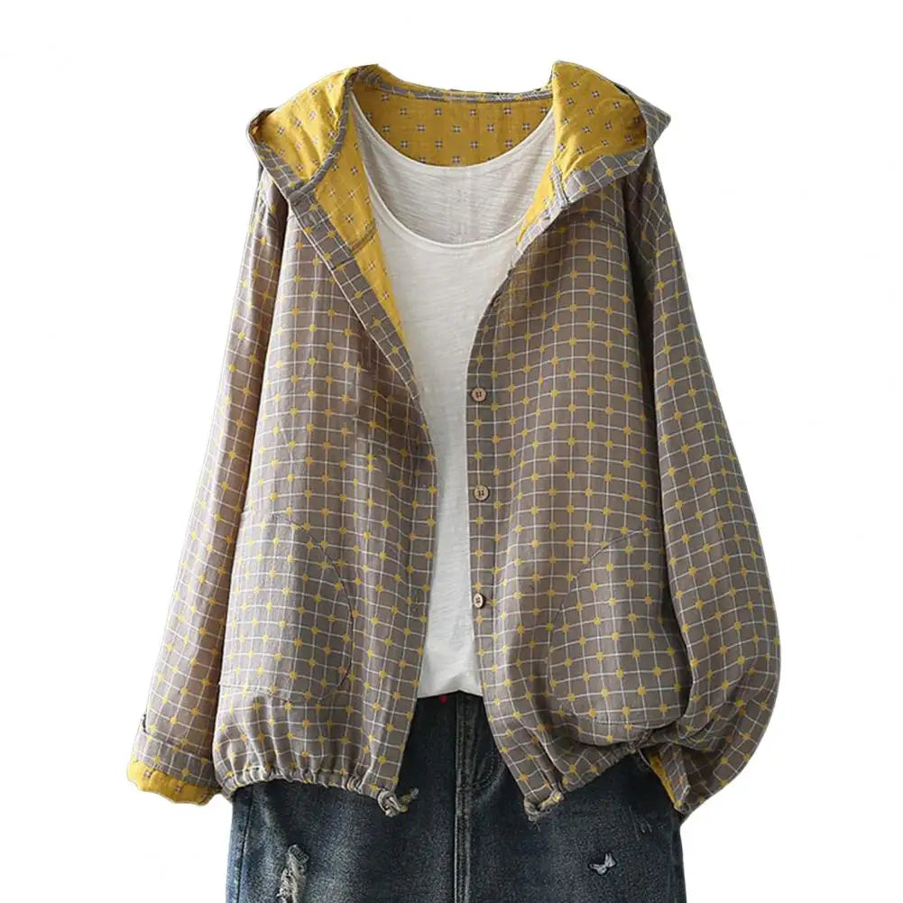 Women Spring Autumn Coat Hooded Drawstring Hem Long Sleeve Printing Loose Zipper Closure Jacket with Pockets Daily Wear Commutin