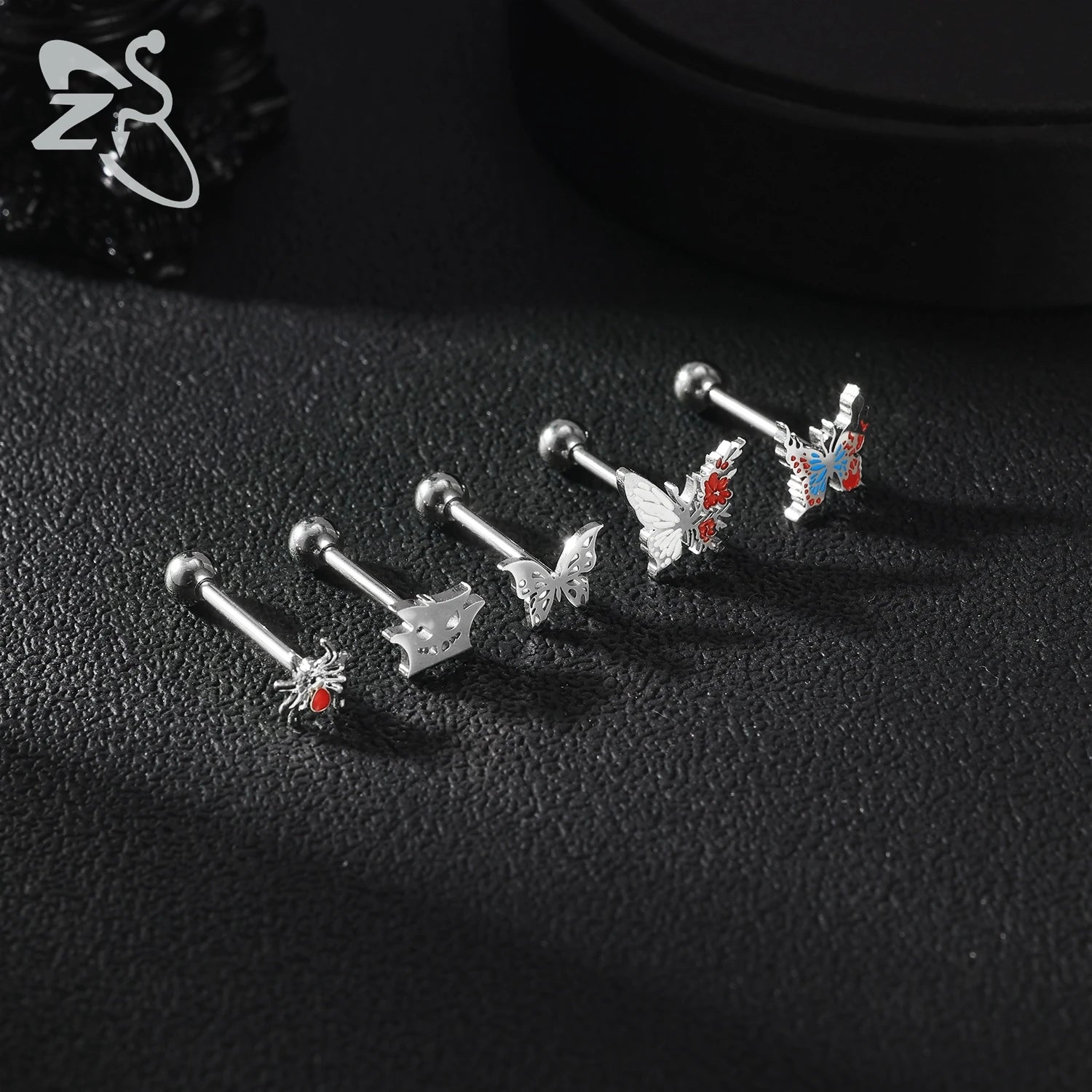 ZS 1 Piece 14G Stainless Steel Tongue Piercing Ring Colorful Butterfly Bone Tongues Stud Punk Skull Snake Body Piercings Jewelry