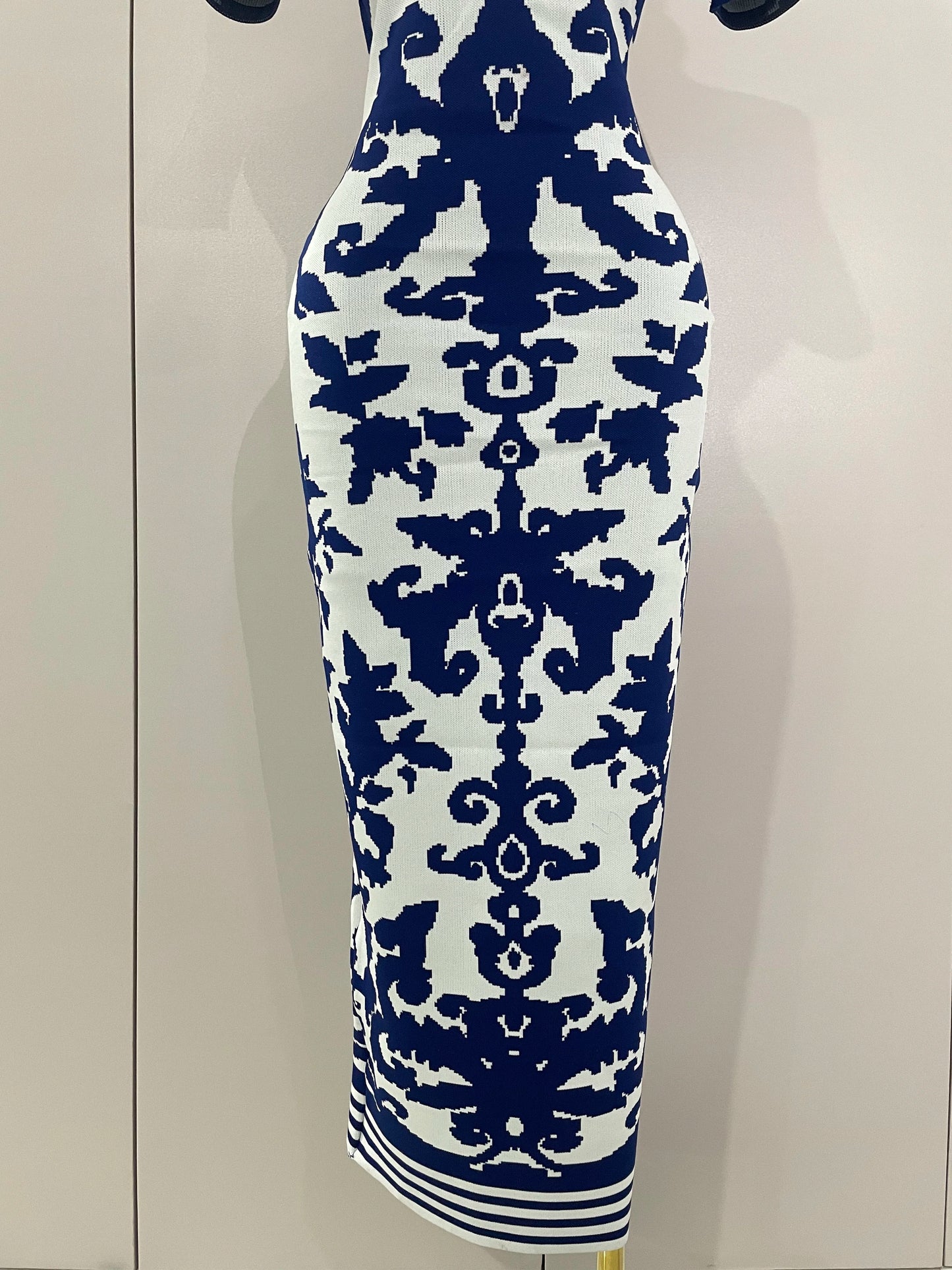 2025 New Sexy Short Sleeve Jacquard Blue Bandage Bodycon Long Dress Women Celebrity Elegant Evening Club Party Luxury Dresses