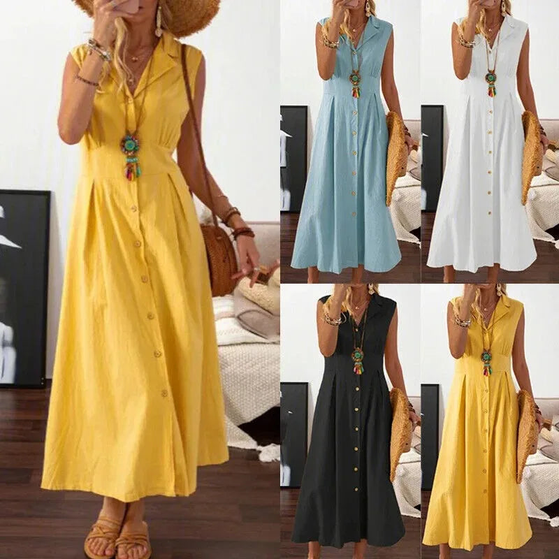 New Dresses 2025 Woman Fashion Lapel A-line Vintage Cotton Linen Long Skirt Women's Clothing Tops