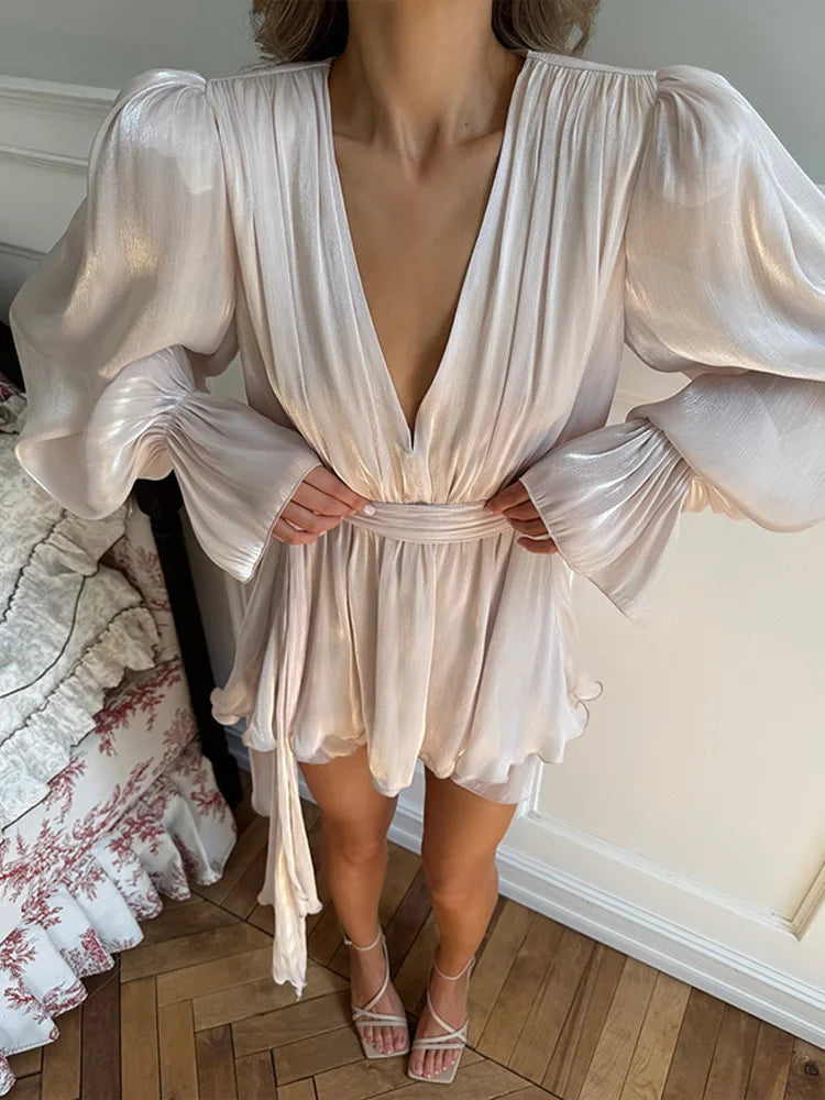 3D Flower Ruffles Mini Dress Women Elegant V Neck Lace Up Long Sleeves Ribbon Vestidos Female 2025 Summer Fashion Chic Dress