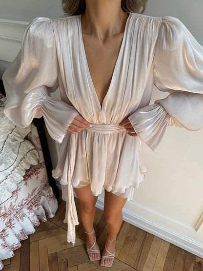 3D Flower Ruffles Mini Dress Women Elegant V Neck Lace Up Long Sleeves Ribbon Vestidos Female 2025 Summer Fashion Chic Dress