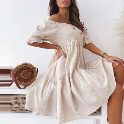 New Short Sleeve Off The Shoulder High Waist A-Line Pleated Dress Sexy Club Outfits Solid Color Summer Dress Women 2025