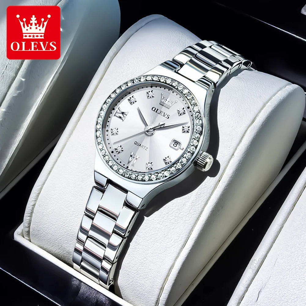 OLEVS 5628 Women Watch Luxury Elegant Quartz Watch Stainless Steel Waterproof Luminous Diamond Bezel Ladies Watch Bracelet Set Silver White CHINA Yes