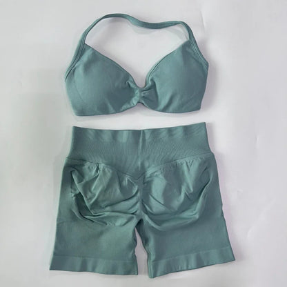 NO LOGO 2PCS Gym Set Women Strappy Yoga Bra Top High Waist Workout Scrunch Shorts Sports Suit Seamless Yoga Set Fitness Clothes Badiee Stylez