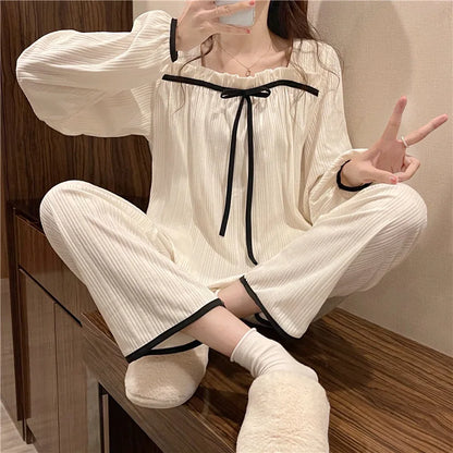 Women's Spring and Autumn Pajamas Set Women's Long-Sleeved Long Trousers Pajamas Homewear Sweet Leisure Homewear Loose Set White