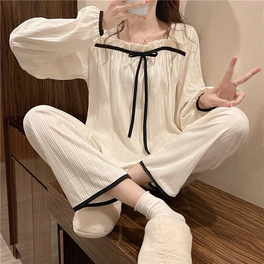 Women's Spring and Autumn Pajamas Set Women's Long-Sleeved Long Trousers Pajamas Homewear Sweet Leisure Homewear Loose Set White
